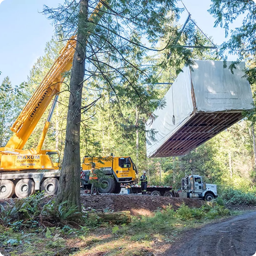 A huge crane lifting a modular building around a tree