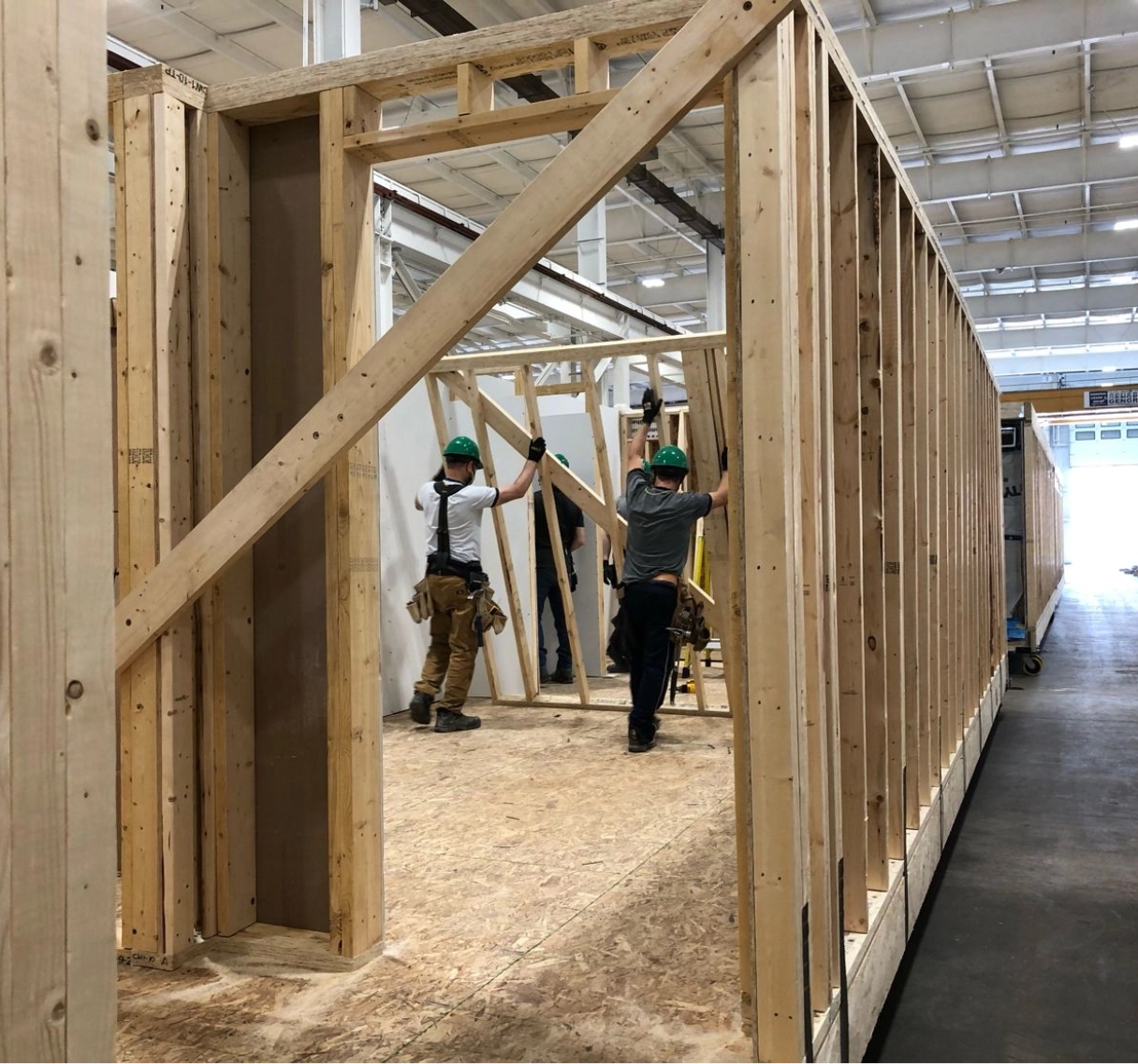 two workers raising a wall in a modular building